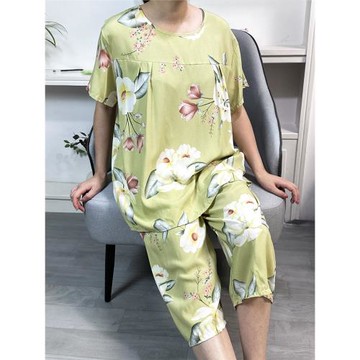 新款中年媽媽綿綢睡服衣七分褲套裝大碼夏媽季短袖人造棉棉綢家居