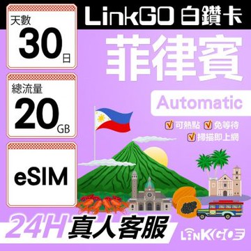 LINKGO白鑽卡 菲律賓 eSIM卡  30天上網卡 總流量20GB 高速流量(菲律賓網卡 宿霧 巴拉望 馬尼拉)