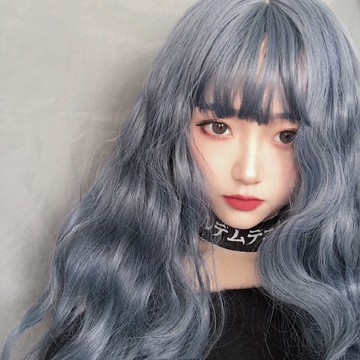 [台灣出貨附發票]  灰藍色玉米捲 整頂假髮 假髮 空氣劉海 假髮女wig 假发 長捲假髮 羊毛捲假髮 女生假髮 假頭髮