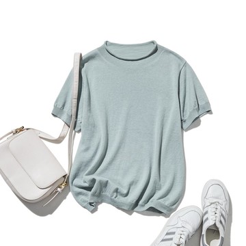 夏日必備 涼感百搭針織衫 亞麻棉短袖上衣 淺綠 250704-3