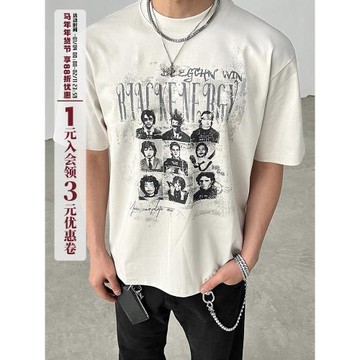 BLAEXIT美式復古cleanfit人像印花短袖T恤男女寬松休閑圓領上衣潮