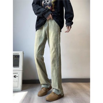 美式高街黃泥染牛仔褲男款春秋季潮流潮牌復古水洗高級感休閑褲子