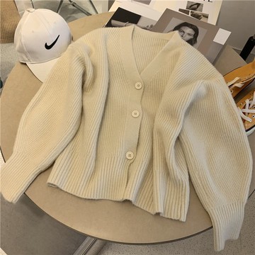 品牌折扣~外貿出口清倉尾單女裝V領開衫秋冬新款寬松燈籠袖外套