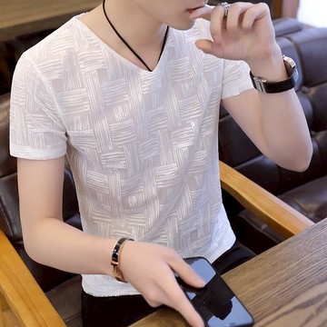 男裝新款短袖T恤男士潮流夏季冰絲半袖V領修身速干體?上衣服