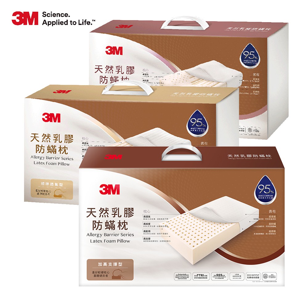 3M 防螨天然乳膠枕-(標準透氣型/工學助眠 型/加高支撐型) 一入 內附防螨枕套
