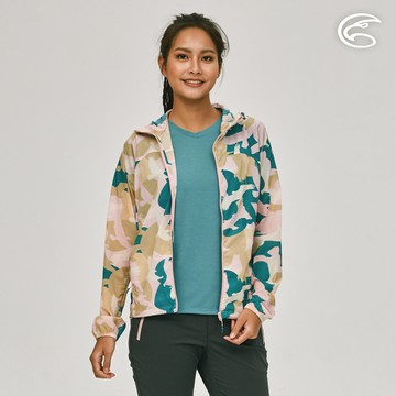 ADISI AJ2391055女輕肌感彈透印花抗風撥水連帽外套/迷彩老鷹粉藍