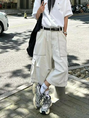 夏季大碼寬松闊腿工裝休閒褲子男女美式高街潮牌卡其色直筒七分褲【木屋雜貨】