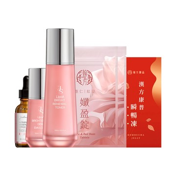 【全效淨亮組】LipoA煥膚透亮化妝水120ml+LipoA煥膚無瑕精華乳50ml+液態三重酸煥膚精華30ml+翰方御品 孅盈錠(45錠)ｘ2+漢方康普瞬暢凍 (10入)