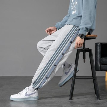 運動褲男春秋款寬松純棉青少年初高中學生收口束腳排扣休閑衛褲子