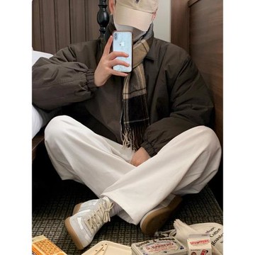 MRCYC慵懶風白色直筒休閑褲男士秋冬褲子韓系寬松復古百搭闊腿褲