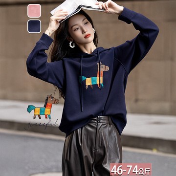 連帽小馬燙印插肩袖上衣(2色) M-2XL【146358X】【現+預】☆流行前線☆