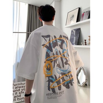 短袖T恤男夏季字母印花上衣百搭設計感小眾青少年寬松情侶五分袖