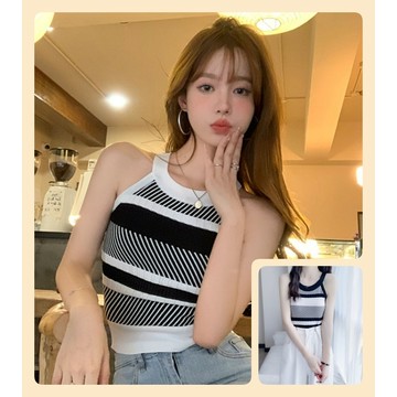小香風條紋削肩背心【27003】春夏新款韓系修身顯瘦性感辣妹休閒合身掛脖繞脖無袖針織條紋繞頸背心 Taolebi