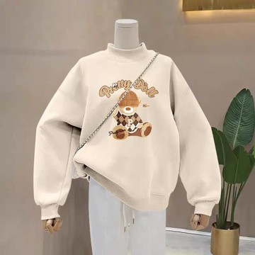 半高領加絨卡通衛衣女寬松減齡2025秋冬新款套頭加厚外套小熊上衣