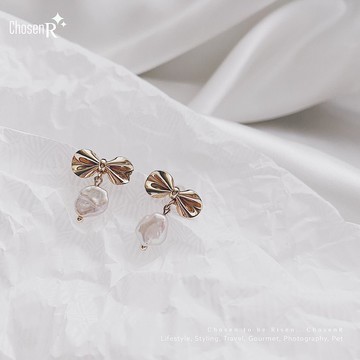 蝴蝶結小垂墜淡水珍珠耳環