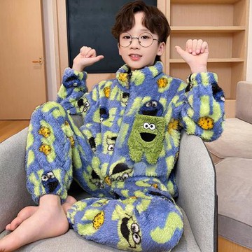 2025新款男童睡衣秋冬季珊瑚絨加厚款兒童男孩法蘭絨青少年家居服
