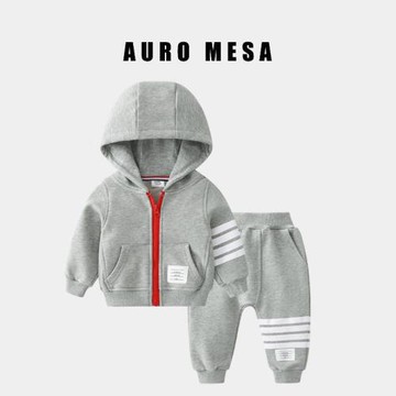 AuroMesa春秋長袖男寶寶運動套裝連帽上衣長褲兩件套嬰兒休閑衛衣