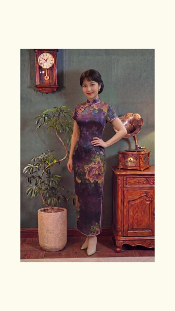 【VINTAGE 悅裳】新式改良復古旗袍  紫色花長旗袍