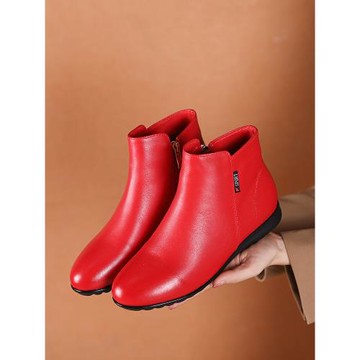 平底休閑鞋旅游鞋2025年春秋新款厚底防滑女士馬丁靴紅色真皮短靴