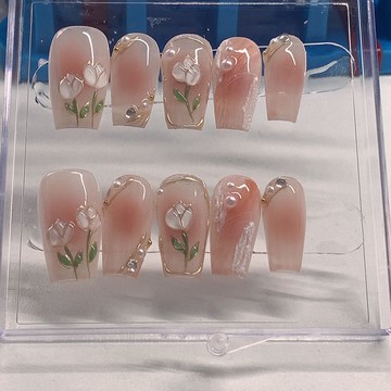 穿戴甲2023年新款立體郁金香腮紅暈染指甲貼片美甲成品自粘指甲貼
