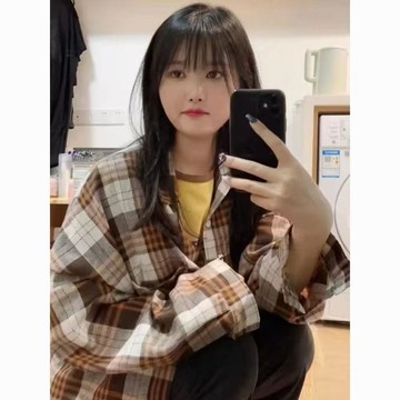 【Nico】復古chic高檔卡其色格子襯衫外套女秋冬款韓系慵懶風長袖襯衣外穿