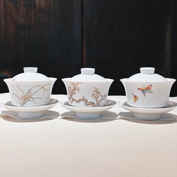 不言美器 釉中彩 川碗 蓋杯 梅花 蘭花 蝴蝶