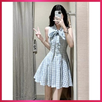 WYZ韓系甜美洋裝|掛脖洋裝|格子洋裝|藍色無袖格子連衣裙子女夏2026年新款蝴蝶結氣質百褶短裙