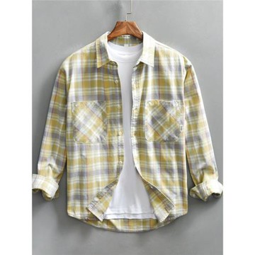 純棉格子襯衫男長袖春季大碼休閑暈染上衣寬松文藝小清新襯衣外套