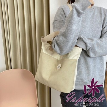 iSPurple 韓版簡約 學生書包單肩包帆布托特包 前大兜米白色