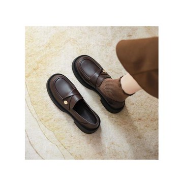 小羊皮金幣樂福鞋女2025春秋新款厚底中跟單鞋子棕色英倫風小皮鞋