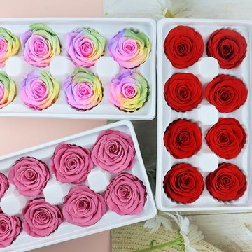 花掌柜A級永生花4-5cm整盒玫瑰diy手工圣誕節結婚花束玻璃罩禮盒