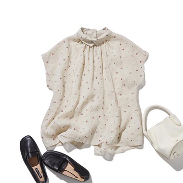 細緻質地 印花亞麻100%襯衫 法式袖襯衫 米白色 250803-1