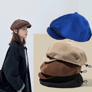 顯臉小燈芯絨小偷帽復古抽繩八角帽報童帽鴨嘴帽
