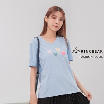 T恤--時尚多彩愛心氣球植絨燙鑽裝飾V領短袖棉T(黑.藍.黃M-3L)-T435眼圈熊中大尺碼