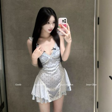 Xuan♥睡衣女藍色愛心波點冰絲蕾絲無袖吊帶睡裙法式甜美裙