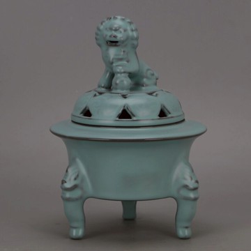 宋 汝窯藍釉鐵胎支釘獅子熏爐香爐 仿宋代御制款古玩收藏裝飾擺件