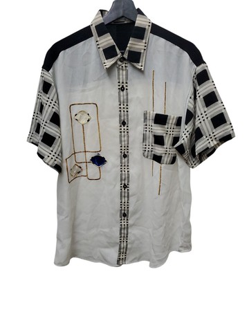 有禮貌穿搭 日本古著 雪紡 刺繡圖騰 拼接款 短襯 XL號