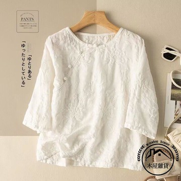 中年媽媽七分袖棉麻衫女上衣重工刺繡襯衫夏季上衣【木屋雜貨】【木屋雜貨】