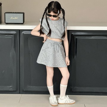 【中大女童/親子裝】潮范釘珠無袖背心+褲裙套裝