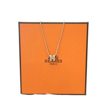HERMES 愛馬仕 經典Mini Pop H 立體簍空橢圓LOGO項鍊(栗子灰 X 玫瑰金)