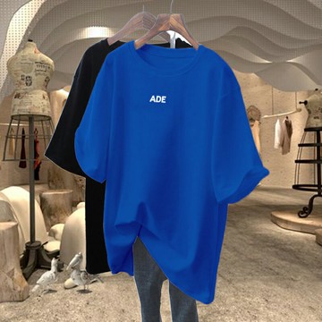 克萊因藍純棉短袖t恤女2022夏季新款寬松中長款大碼顯瘦半袖上衣