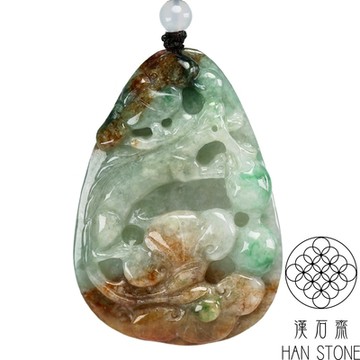 【漢石齋】天然翡翠A貨 護主龍牌玉佩吊墜 飄花種帶紅翡(40*57*10mm)