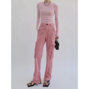 2025新款粉色顯瘦褲子小個子小眾日系辣妹高腰直筒工裝褲女款夏季