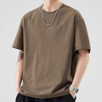 純棉短袖 吸汗透氣  25夏季新款男士寬鬆純棉刺繡半袖短袖圓領潮牌T恤體恤黑色上衣0615
