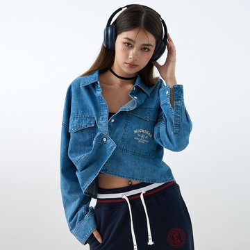 美式校園復古牛仔短版襯衫(石洗藍)-女