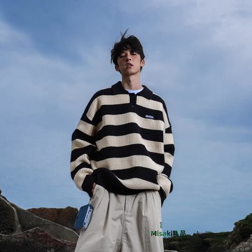 GOGOSOON条纹毛衣男800g新款2025秋冬外套长袖polo衫套头内搭加厚-Misaki精品