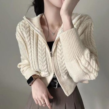 韓國chic秋冬復古麻花紋氣質雙拉鏈翻領短款毛衣外套女針織開衫潮