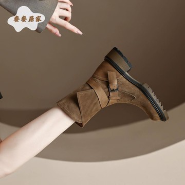 新款翻毛皮短靴 女春秋單靴 厚底真皮馬丁靴 小個子潮復古磨砂皮靴 子[PP0506051]