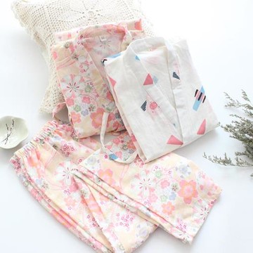 日系純棉棉紗和服家居服套裝全棉雙層紗布日式睡衣睡褲系帶漢服薄