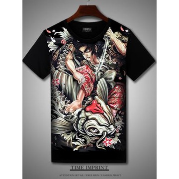浮世繪T恤短袖紋身印花男短袖體恤衫潮流骷髏寬松大碼半截袖打底